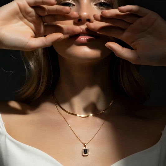 18K Gold Plated Layered Herringbone Necklace with AD Pendant – Anti Tarnish Chain