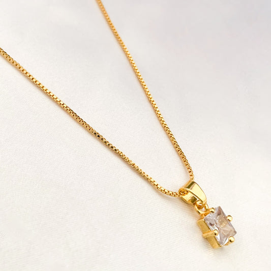 Gold-Plated Box Chain Necklace with Rectangle CZ Pendant | Minimal Everyday Jewellery for Women & Girls