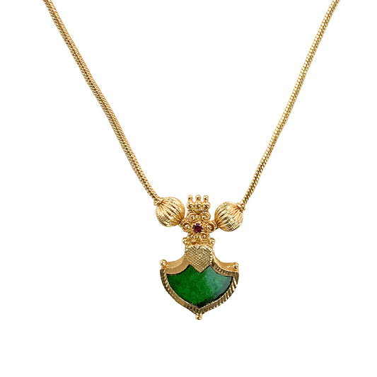 Elegant Traditional Gold-Plated Necklace with Green Palakka Shield Pendant
