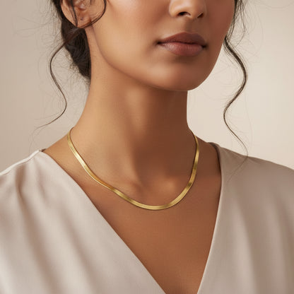 18K Gold Plated Anti-Tarnish Herringbone Flat Snake Chain Necklace for Girls and Women | Minimal Jewellery