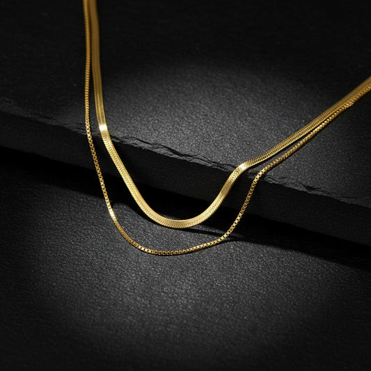 18K Gold Plated Layered Herringbone Flat Snake Chain Necklace for Women and Girls | Anti Tarnish