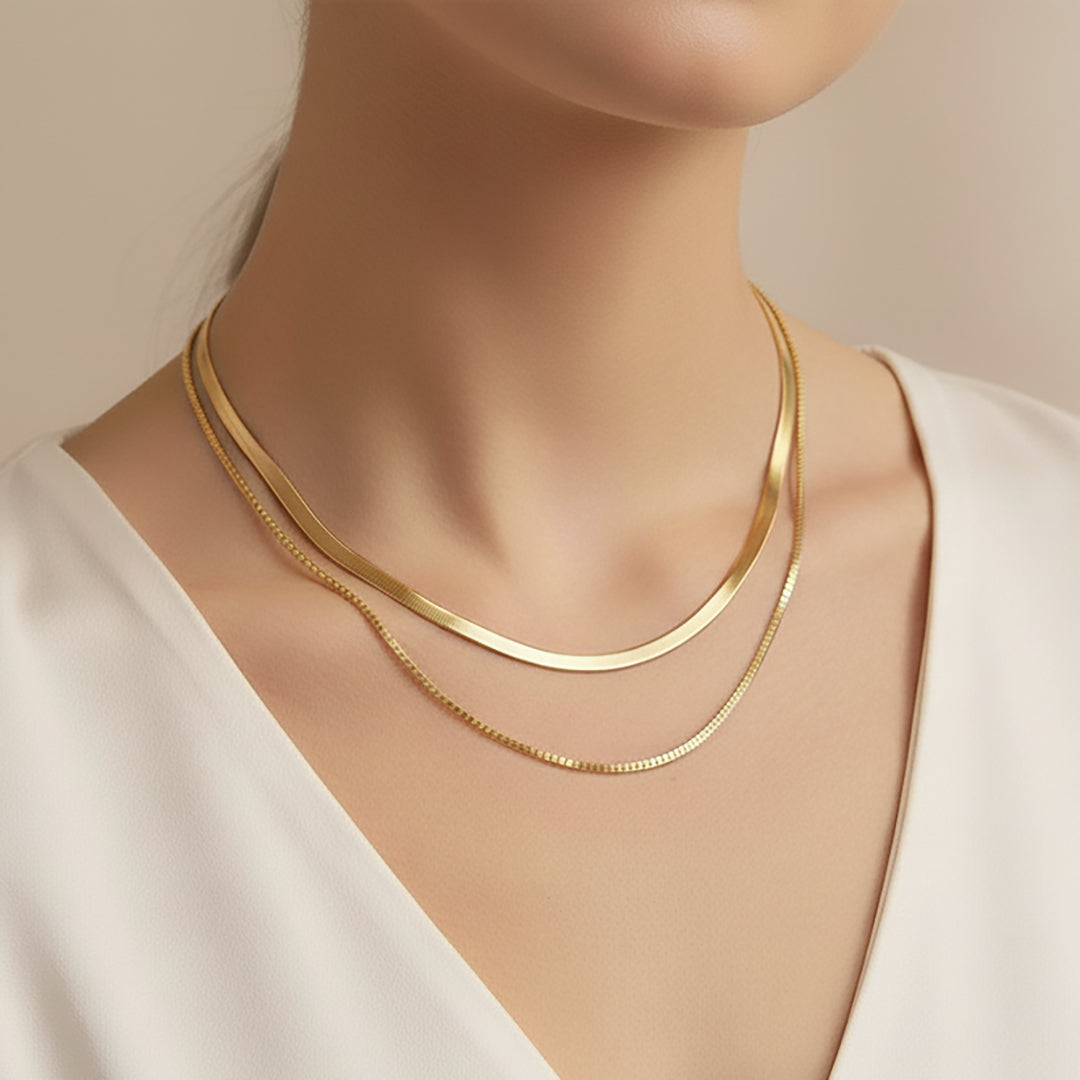 18K Gold Plated Layered Herringbone Flat Snake Chain Necklace for Women and Girls | Anti Tarnish