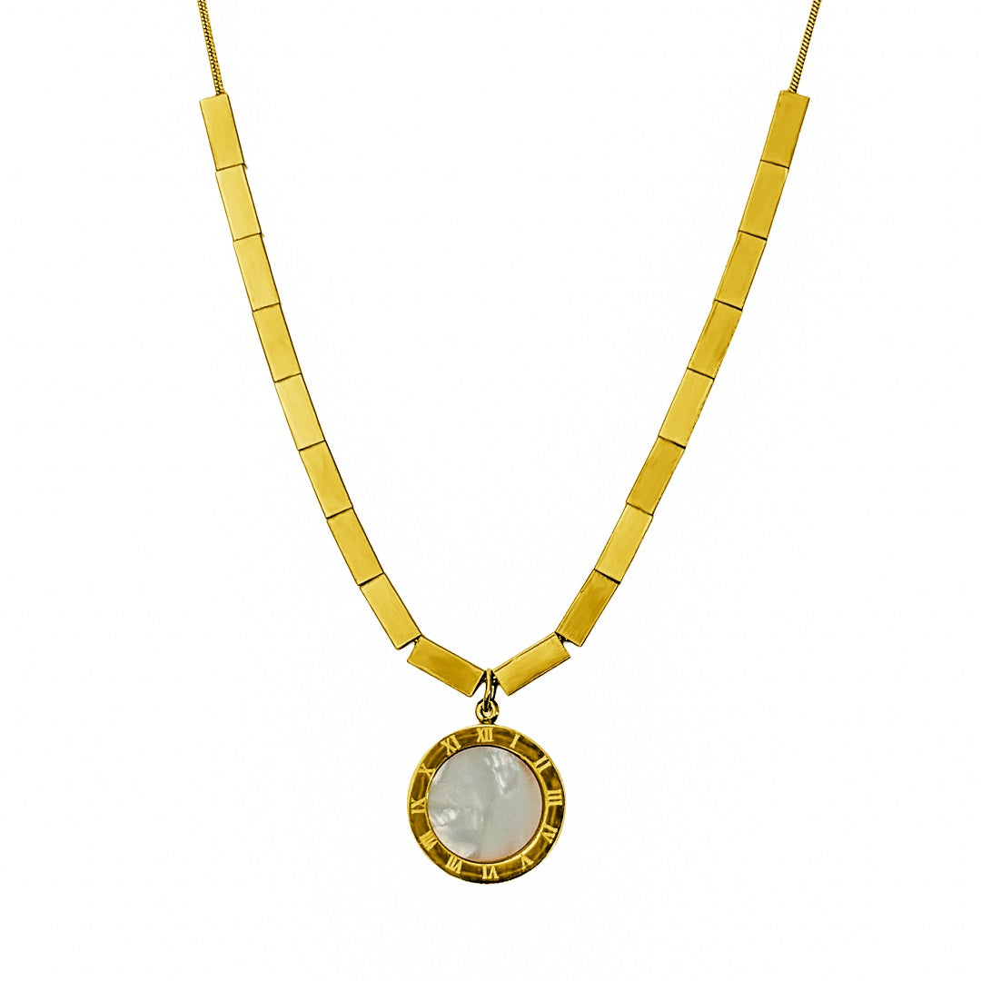 18K Gold Plated Mother of Pearl & Roman Numeral Pendant Necklace - Dainty Cube Chain