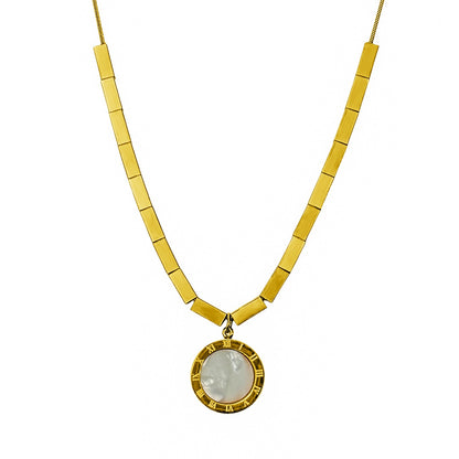 18K Gold Plated Mother of Pearl & Roman Numeral Pendant Necklace - Dainty Cube Chain