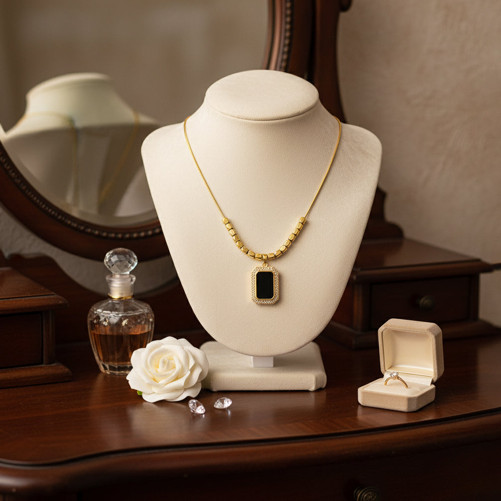 18K Gold Plated Black Onyx Pendant Necklace for Women