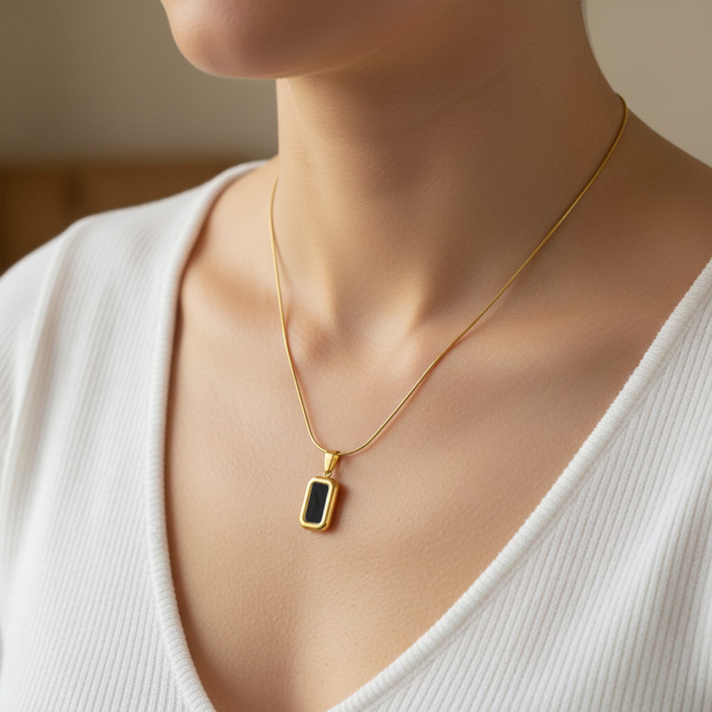 Black Onyx Rectangle Pendant Necklace – 18K Gold Plated