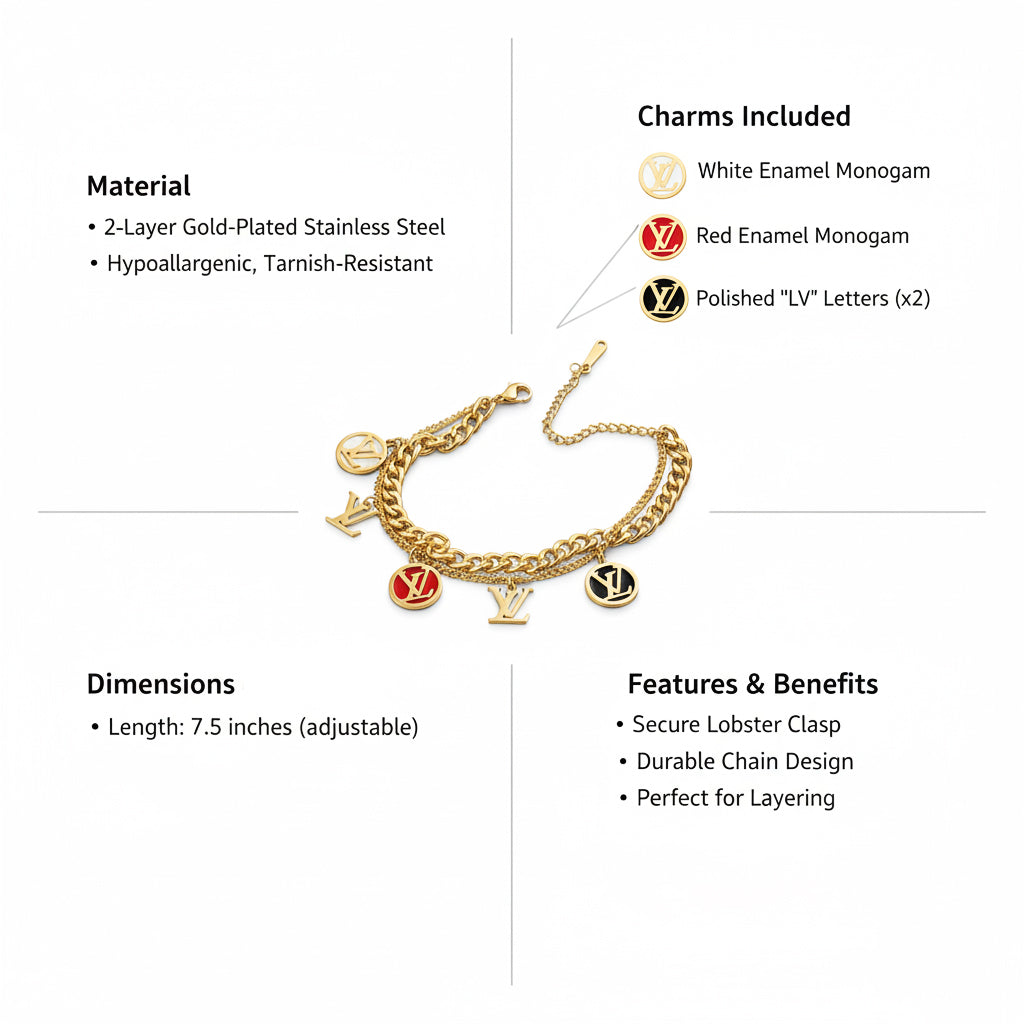 18K Gold Plated Dual Layer Charm Bracelet for Women | Zytoon