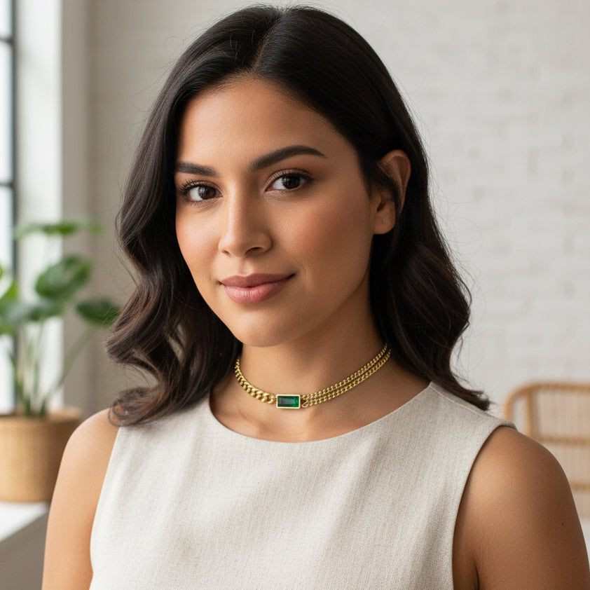 18K Gold Plated Dual Layer Chain with Green Pendant | Anti-Tarnish Necklace by Zytoon