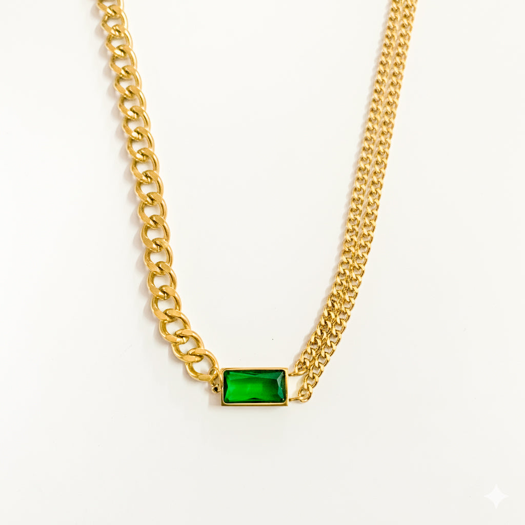 18K Gold Plated Dual Layer Chain with Green Pendant | Anti-Tarnish Necklace by Zytoon