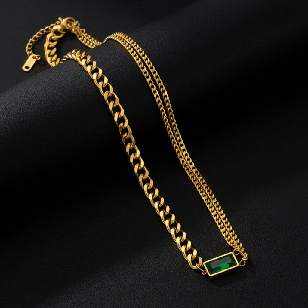 18K Gold Plated Dual Layer Chain with Green Pendant | Anti-Tarnish Necklace by Zytoon