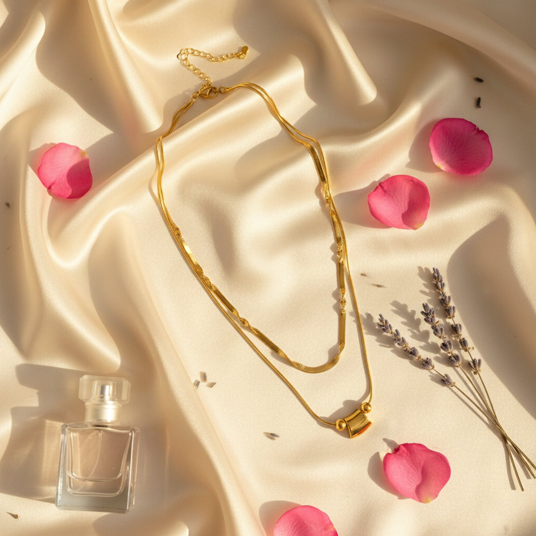 18K Gold Plated Dual Layer Chain Necklace for Women & Girls | Lightweight Minimal Layered Pendant Jewellery