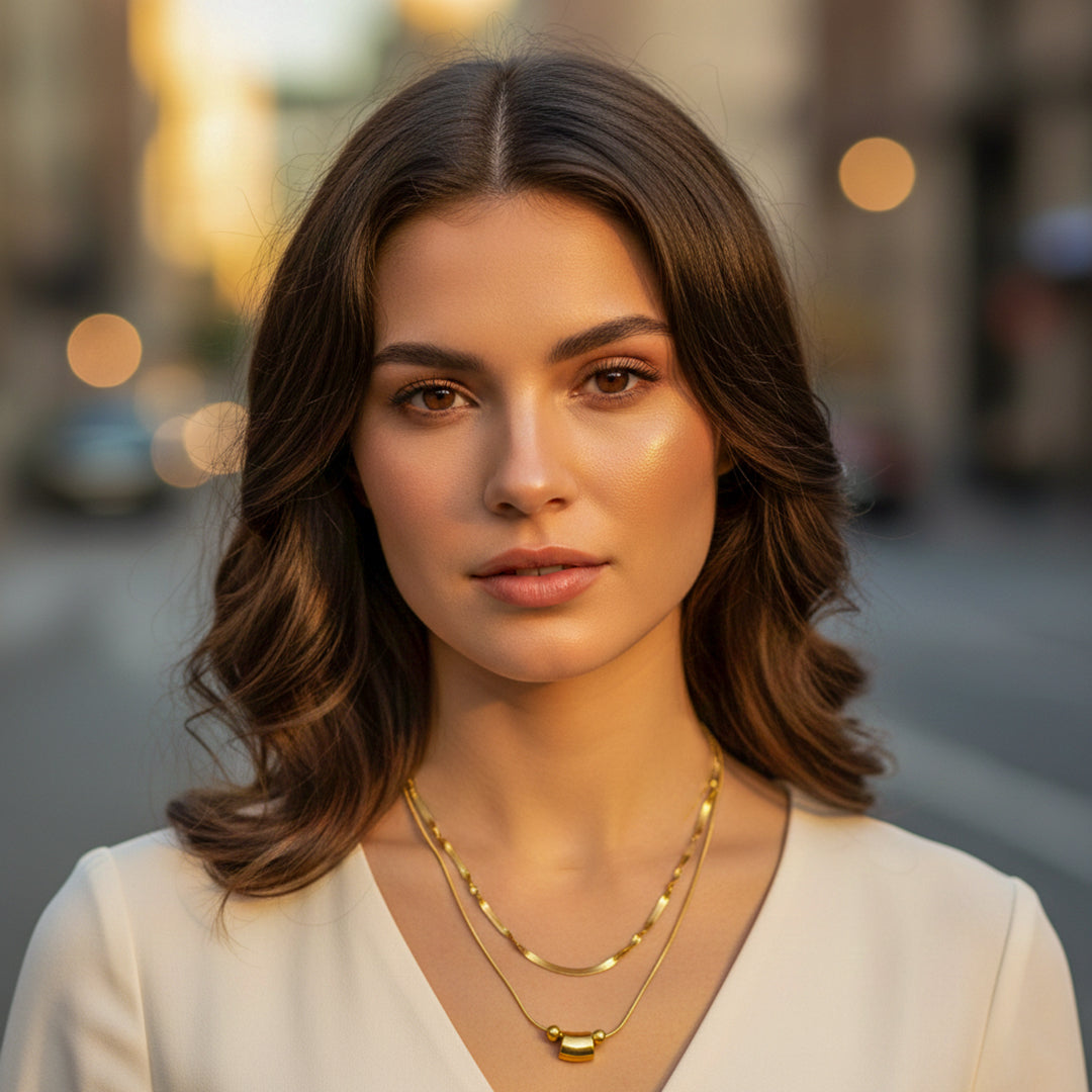 18K Gold Plated Dual Layer Chain Necklace for Women & Girls | Lightweight Minimal Layered Pendant Jewellery