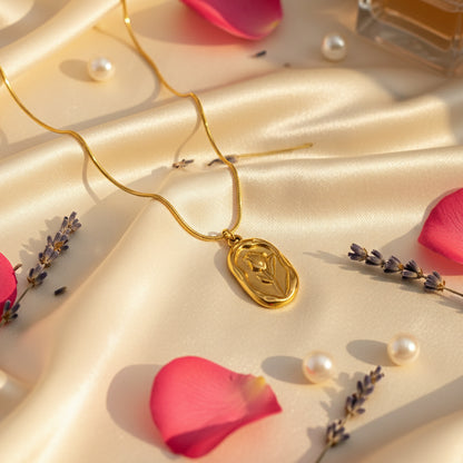 18K Gold Plated Embossed Rose Pendant Necklace for Women | Minimal Aesthetic Chain by Zytoon