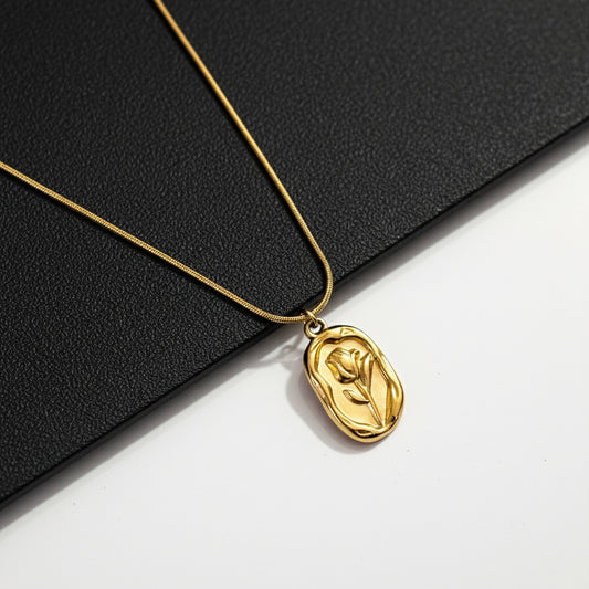 18K Gold Plated Embossed Rose Pendant Necklace for Women | Minimal Aesthetic Chain by Zytoon