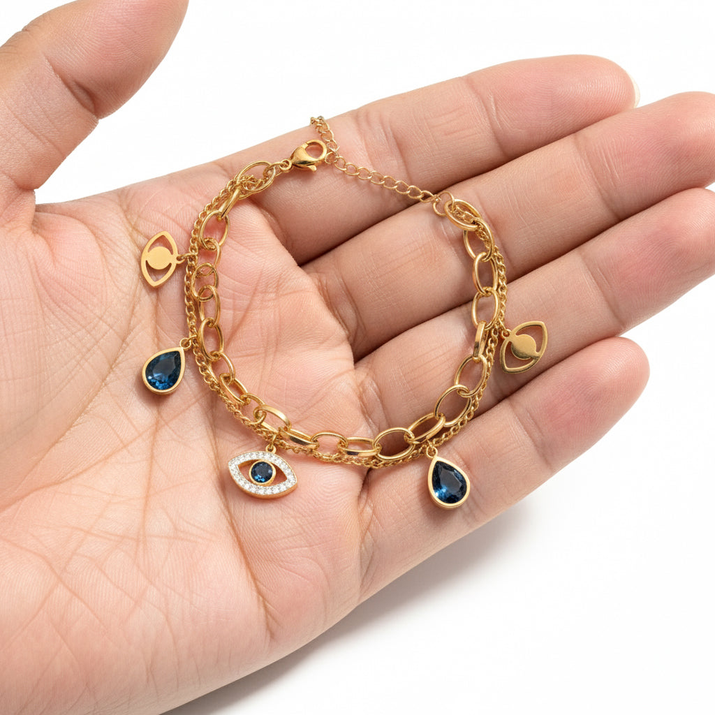 18K Gold Plated Evil Eye & Blue Crystal Charm Bracelet