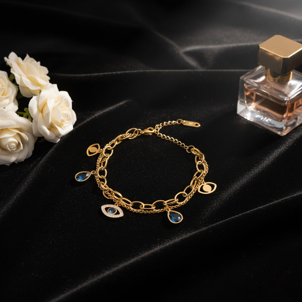 18K Gold Plated Evil Eye & Blue Crystal Charm Bracelet