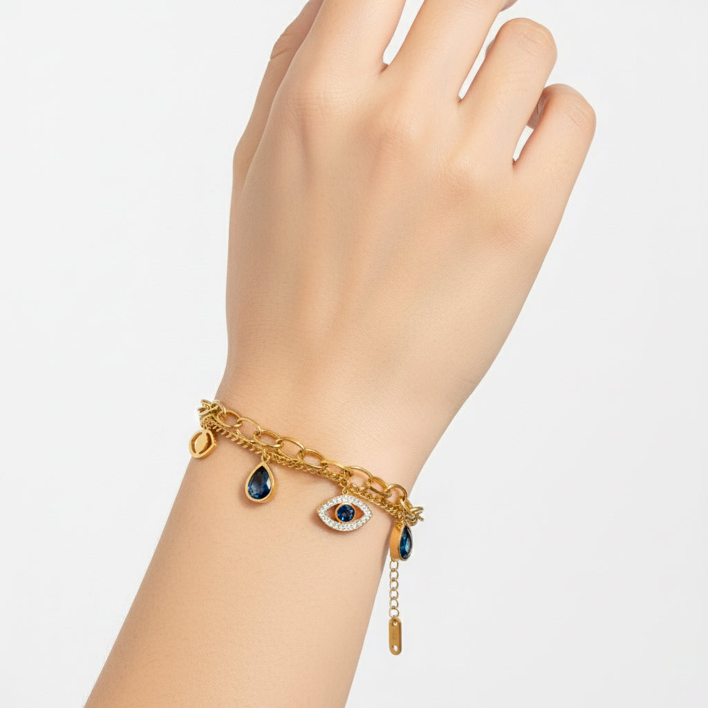 18K Gold Plated Evil Eye & Blue Crystal Charm Bracelet