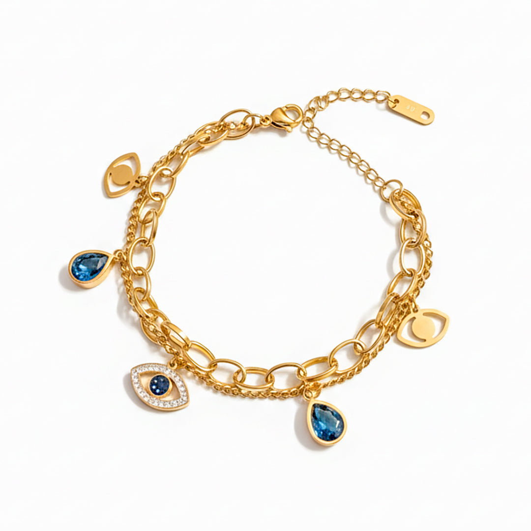 18K Gold Plated Evil Eye & Blue Crystal Charm Bracelet