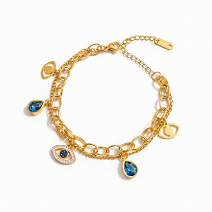 18K Gold Plated Evil Eye & Blue Crystal Charm Bracelet
