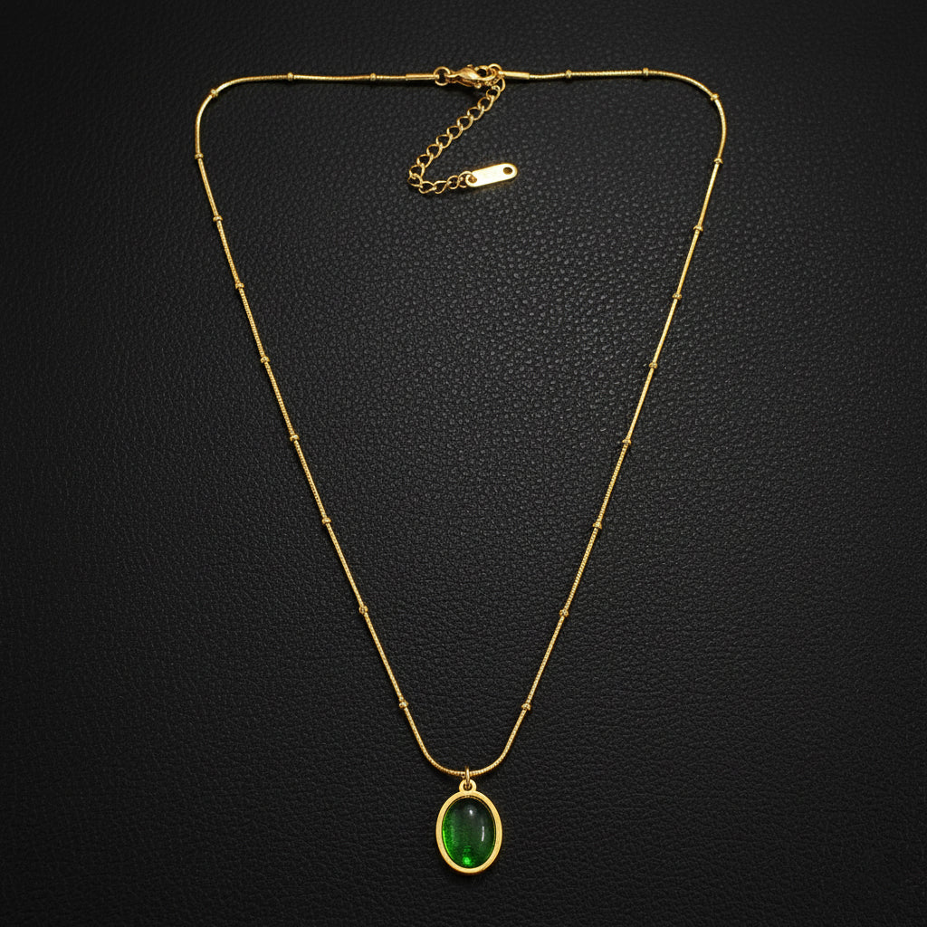 18K Gold Plated Green Oval Pendant Necklace for Women | Minimal Elegant Chain by Zytoon