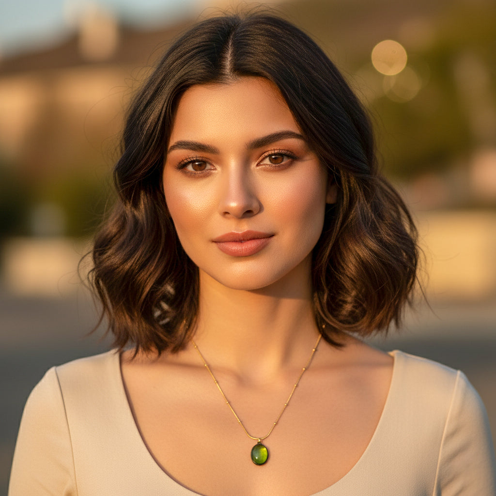 18K Gold Plated Green Oval Pendant Necklace for Women | Minimal Elegant Chain by Zytoon