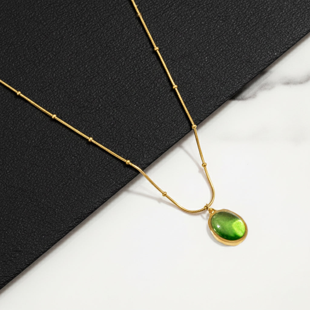 18K Gold Plated Green Oval Pendant Necklace for Women | Minimal Elegant Chain by Zytoon