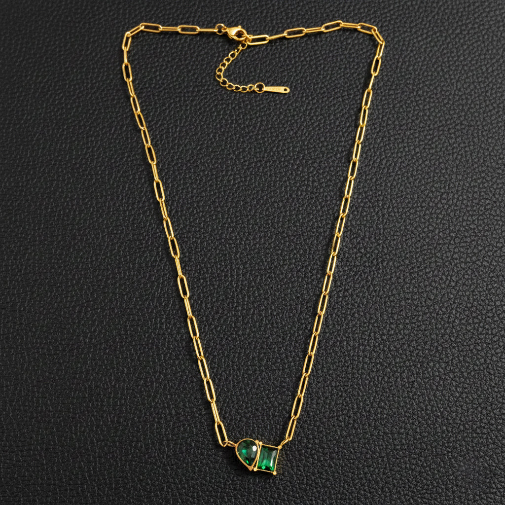 18K Gold Plated Green Stone Link Chain Necklace