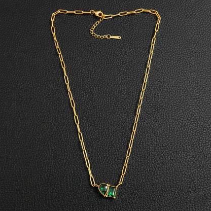 18K Gold Plated Green Stone Link Chain Necklace