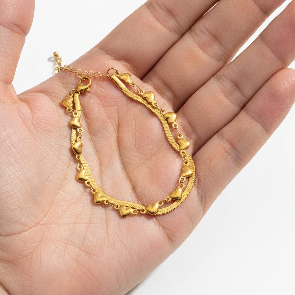 18K Gold Plated Heart Charm Double Layer Bracelet