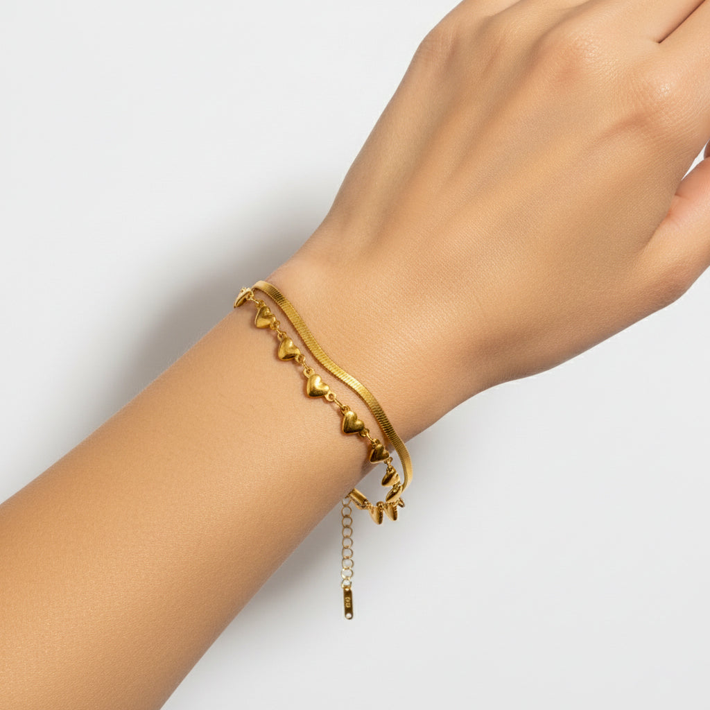 18K Gold Plated Heart Charm Double Layer Bracelet