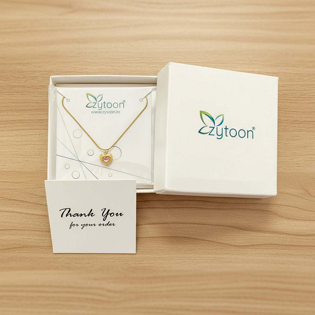 18K gold plated heart pendant necklace with a soft pink stone