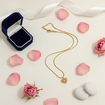 18K gold plated heart pendant necklace with a soft pink stone