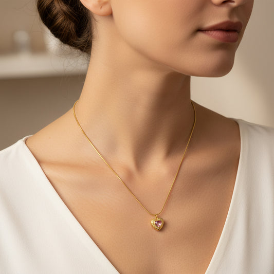 18K gold plated heart pendant necklace with a soft pink stone