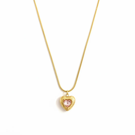 18K gold plated heart pendant necklace with a soft pink stone