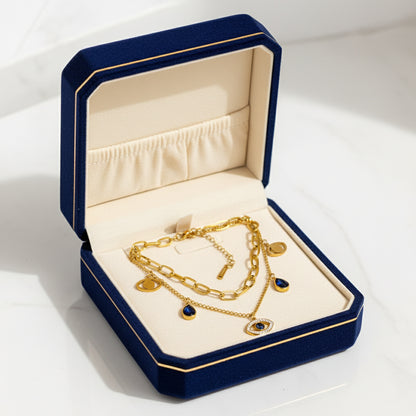 18K Gold Plated Layered Evil Eye Necklace with Blue Charms
