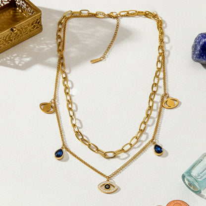 18K Gold Plated Layered Evil Eye Necklace with Blue Charms
