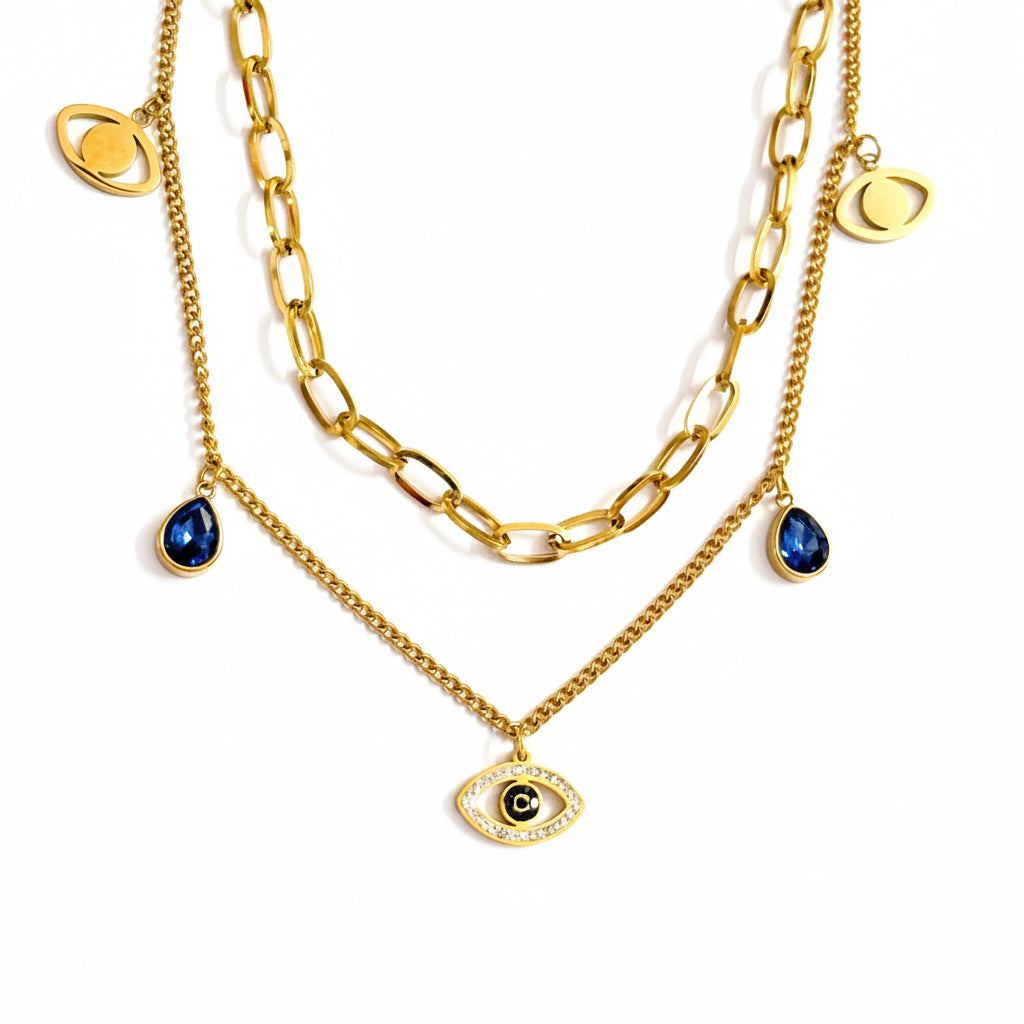 18K Gold Plated Layered Evil Eye Necklace with Blue Charms