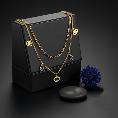 18K Gold Plated Layered Evil Eye Necklace with Blue Charms