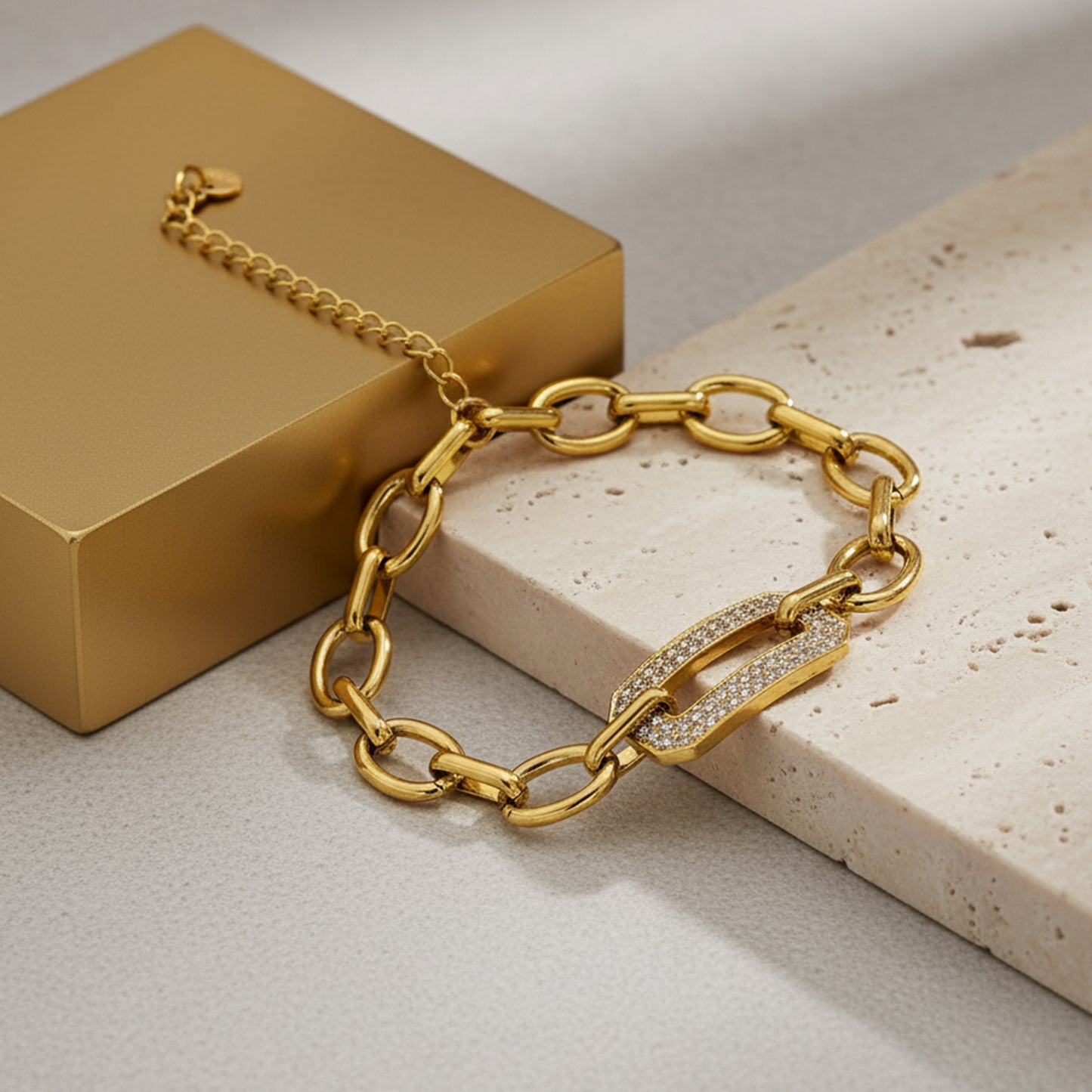 18K Gold Plated Oval Link Bracelet with Crystal Rectangle Charm