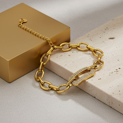 18K Gold Plated Oval Link Bracelet with Crystal Rectangle Charm