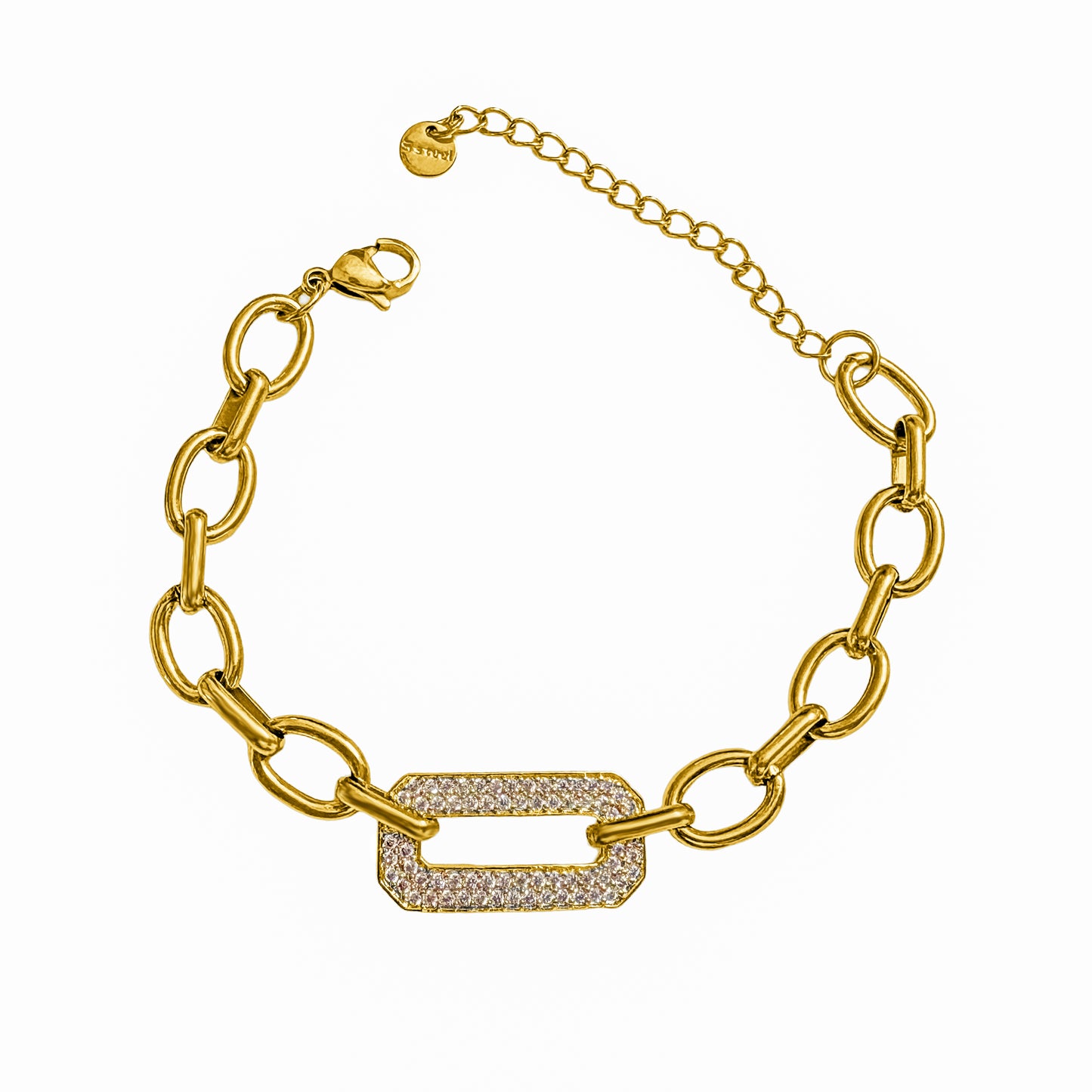 18K Gold Plated Oval Link Bracelet with Crystal Rectangle Charm