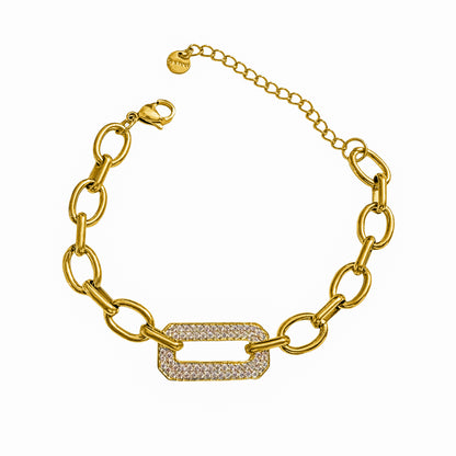 18K Gold Plated Oval Link Bracelet with Crystal Rectangle Charm