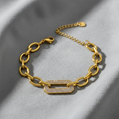 18K Gold Plated Oval Link Bracelet with Crystal Rectangle Charm
