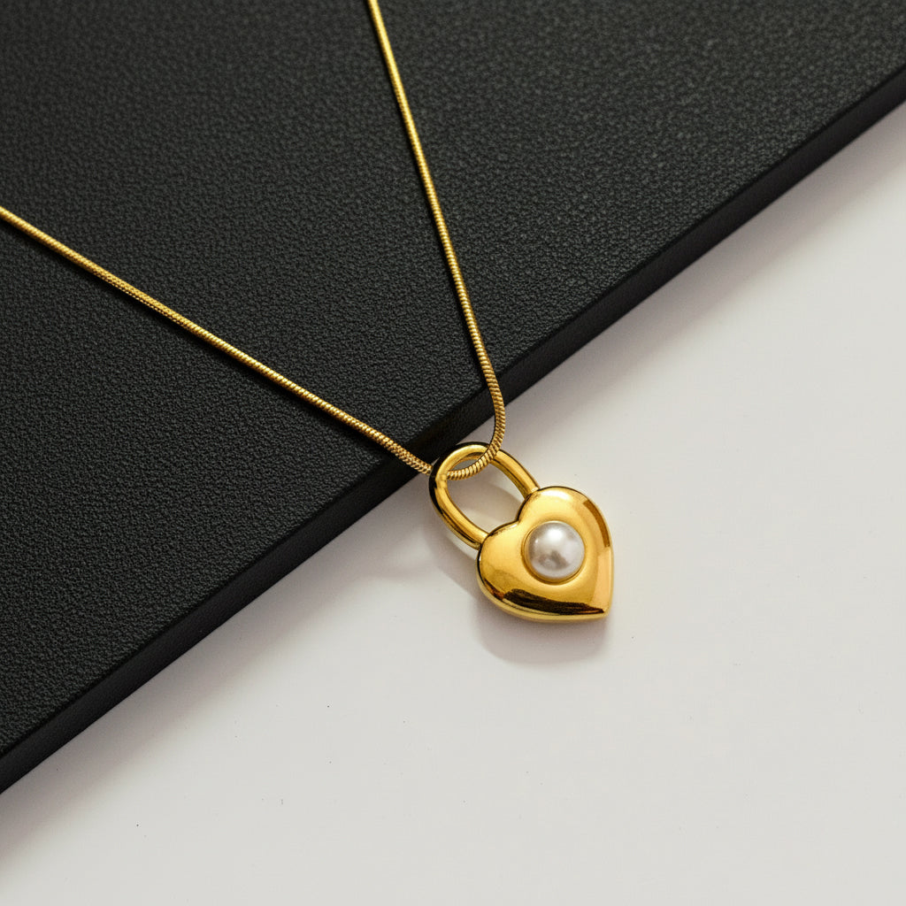 18K Gold Plated Padlock Heart Pendant Necklace with Pearl