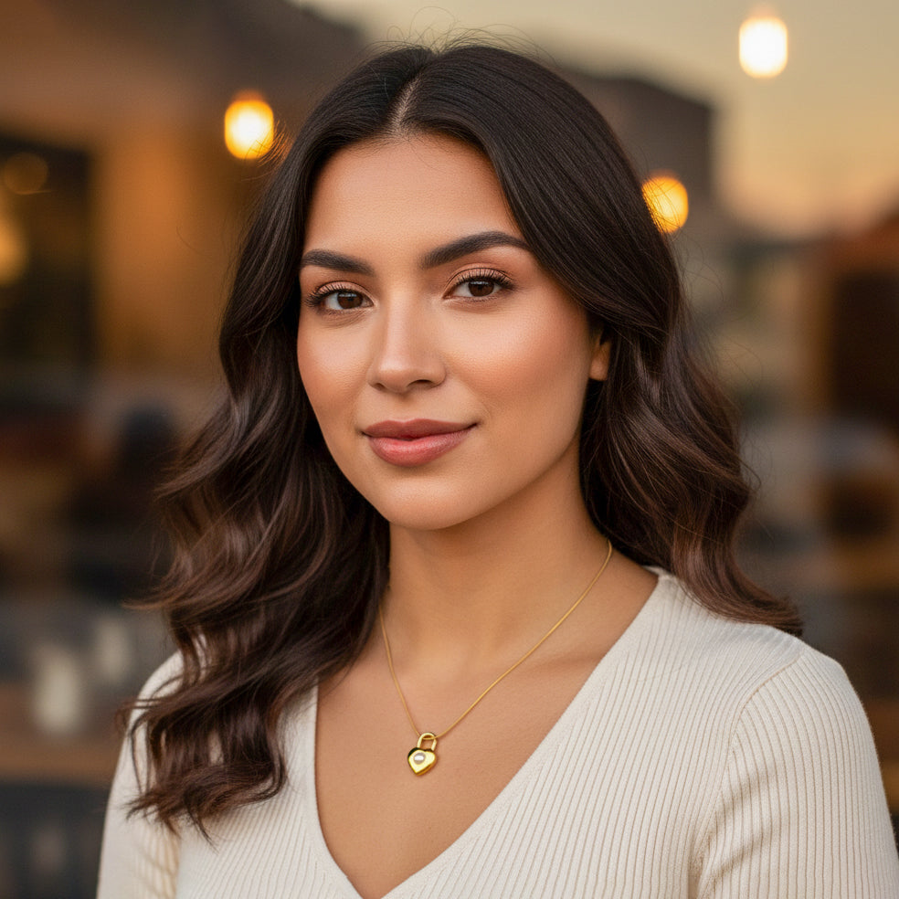 18K Gold Plated Padlock Heart Pendant Necklace with Pearl