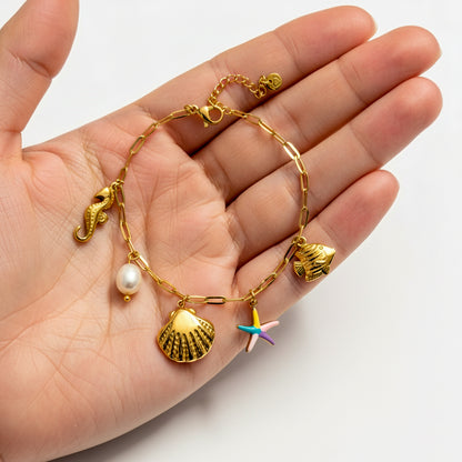 18K Gold Plated Sea Charm Bracelet – Starfish, Seashell, Pearl & Seahorse