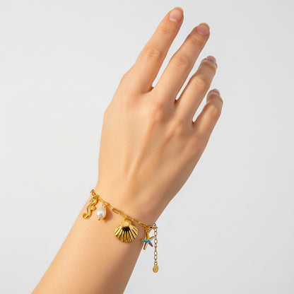 18K Gold Plated Sea Charm Bracelet – Starfish, Seashell, Pearl & Seahorse