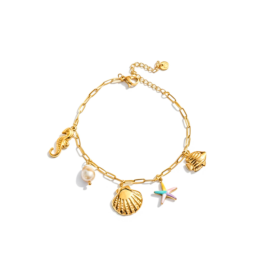 18K Gold Plated Sea Charm Bracelet – Starfish, Seashell, Pearl & Seahorse