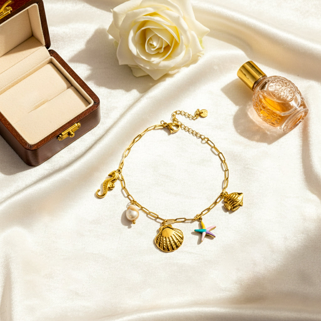 18K Gold Plated Sea Charm Bracelet – Starfish, Seashell, Pearl & Seahorse