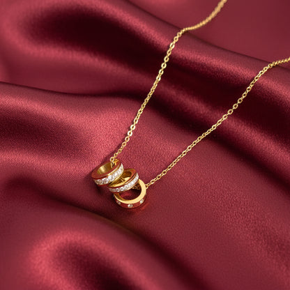 18K Gold Plated Triple Interlocking Ring Pendant Necklace for Women | Crystal Elegant Statement Jewellery
